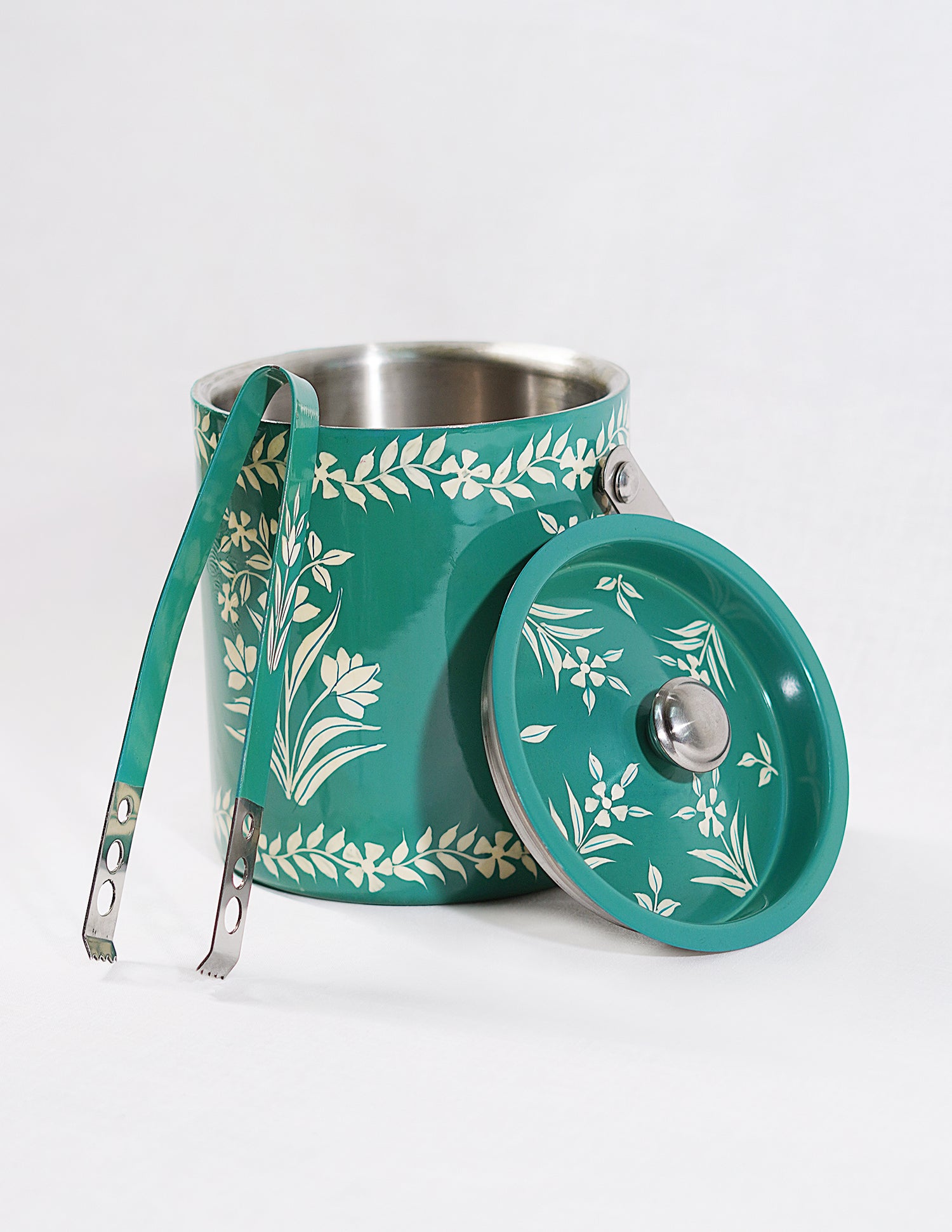 Handmade Kashmir Papier-Mâché Ice Bucket with Tong — Hand-Painted Design | Ø 12.5 cm × 13.5 cm (H); Tong: 16 cm
