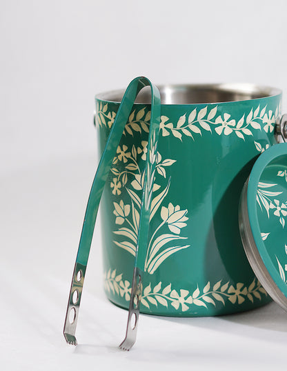 Handmade Kashmir Papier-Mâché Ice Bucket with Tong — Hand-Painted Design | Ø 12.5 cm × 13.5 cm (H); Tong: 16 cm
