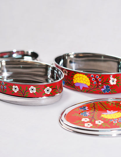 Handmade Kashmir Papier-Mâché Tiffen Box — Hand-Painted Design | 12.5 cm (L) × 17.5 cm (B) × 8 cm (H)