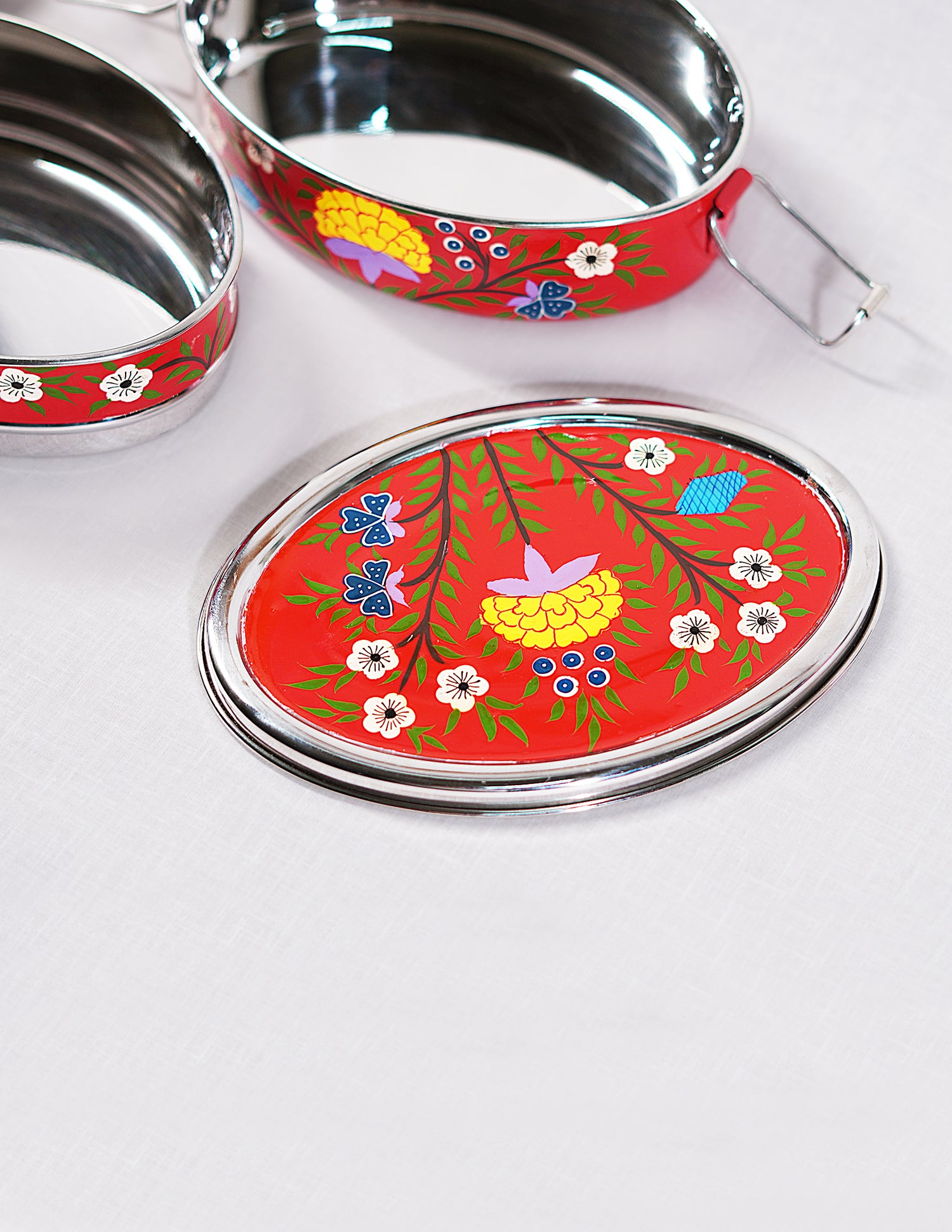 Handmade Kashmir Papier-Mâché Tiffen Box — Hand-Painted Design | 12.5 cm (L) × 17.5 cm (B) × 8 cm (H)