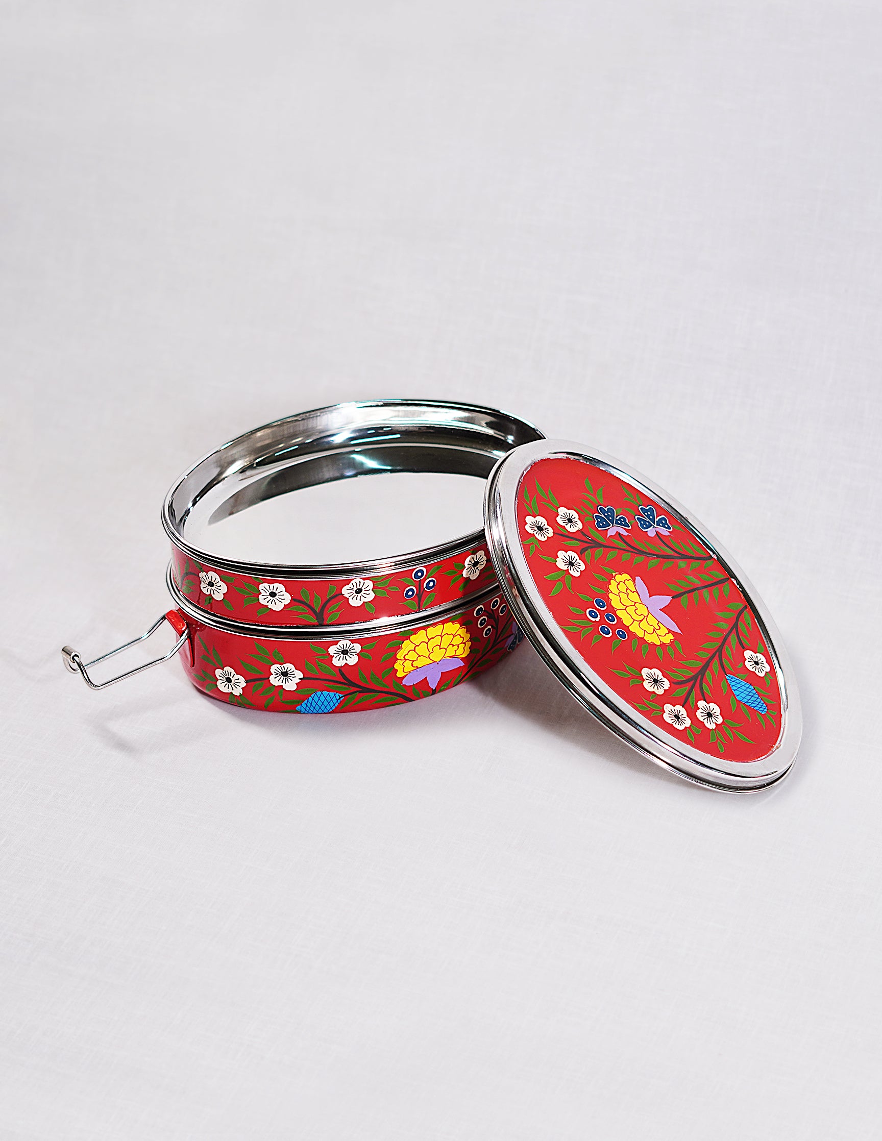 Handmade Kashmir Papier-Mâché Tiffen Box — Hand-Painted Design | 12.5 cm (L) × 17.5 cm (B) × 8 cm (H)