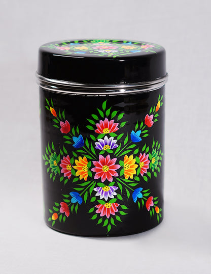 Handmade Kashmir Papier-Mâché Canister Box — Hand-Painted Design | Ø 10.5 cm × 15 cm (H)