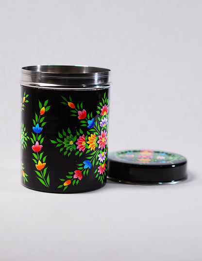 Handmade Kashmir Papier-Mâché Canister Box — Hand-Painted Design | Ø 10.5 cm × 15 cm (H)
