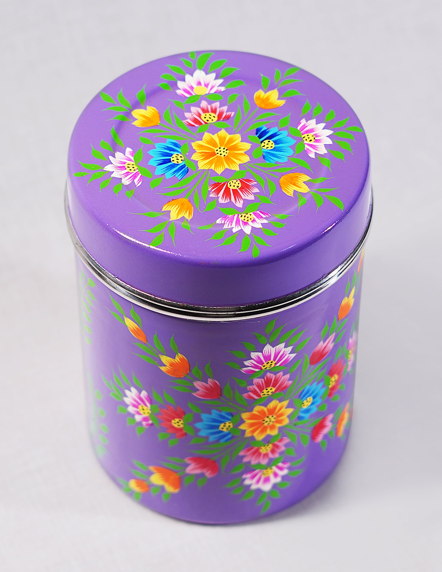 Handmade Kashmir Papier-Mâché Canister Box — Hand-Painted Design | Ø 10.5 cm × 15 cm (H)