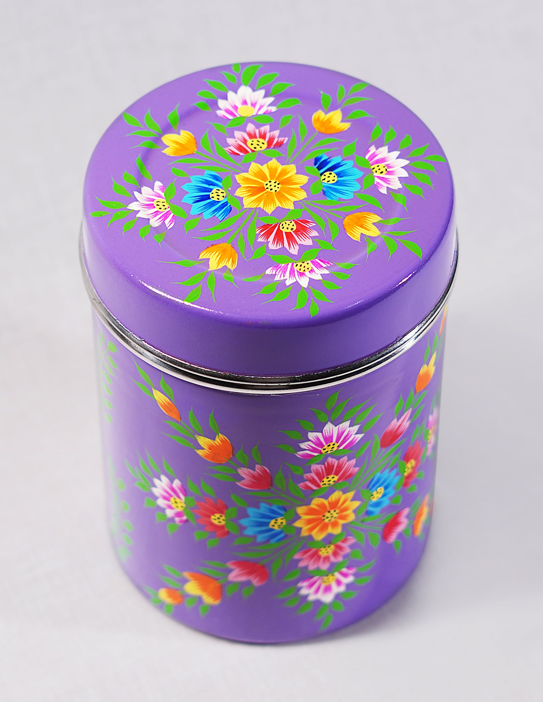 Handmade Kashmir Papier-Mâché Canister Box — Hand-Painted Design | Ø 10.5 cm × 15 cm (H)