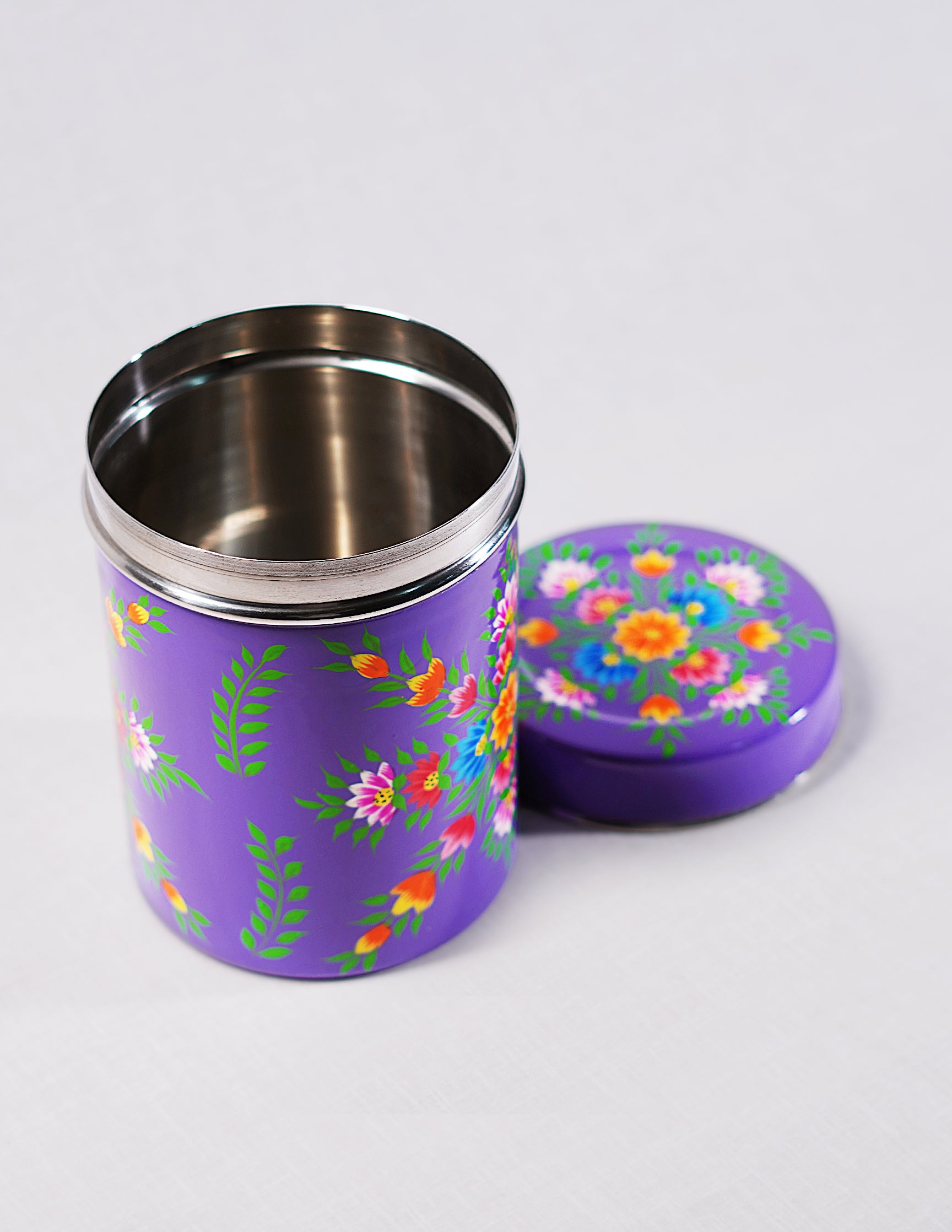 Handmade Kashmir Papier-Mâché Canister Box — Hand-Painted Design | Ø 10.5 cm × 15 cm (H)