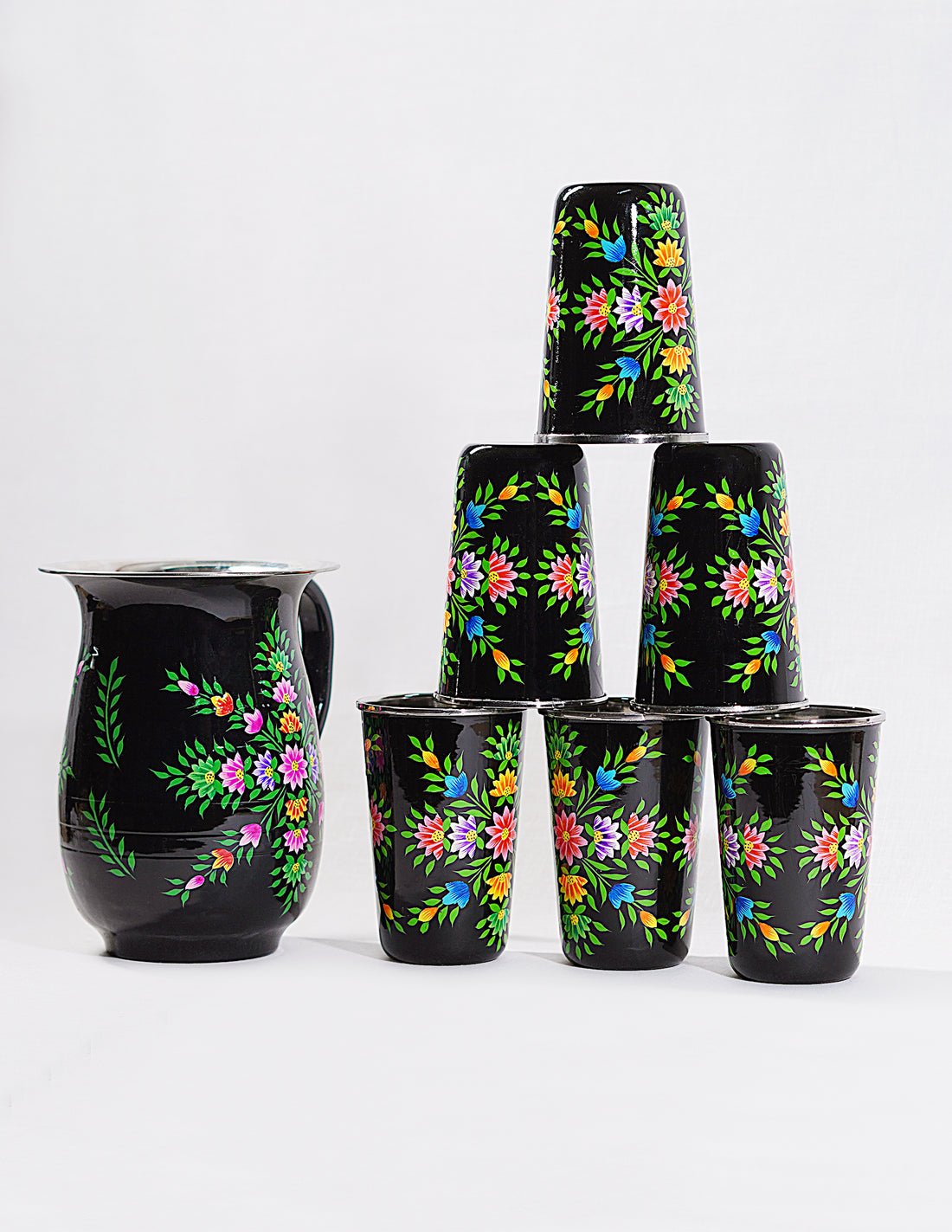 Papier-Mâché Jug Set — Hand-Painted Design | Jug Ø 14 cm × 18 cm | Glass Ø 8 cm × 12 cm