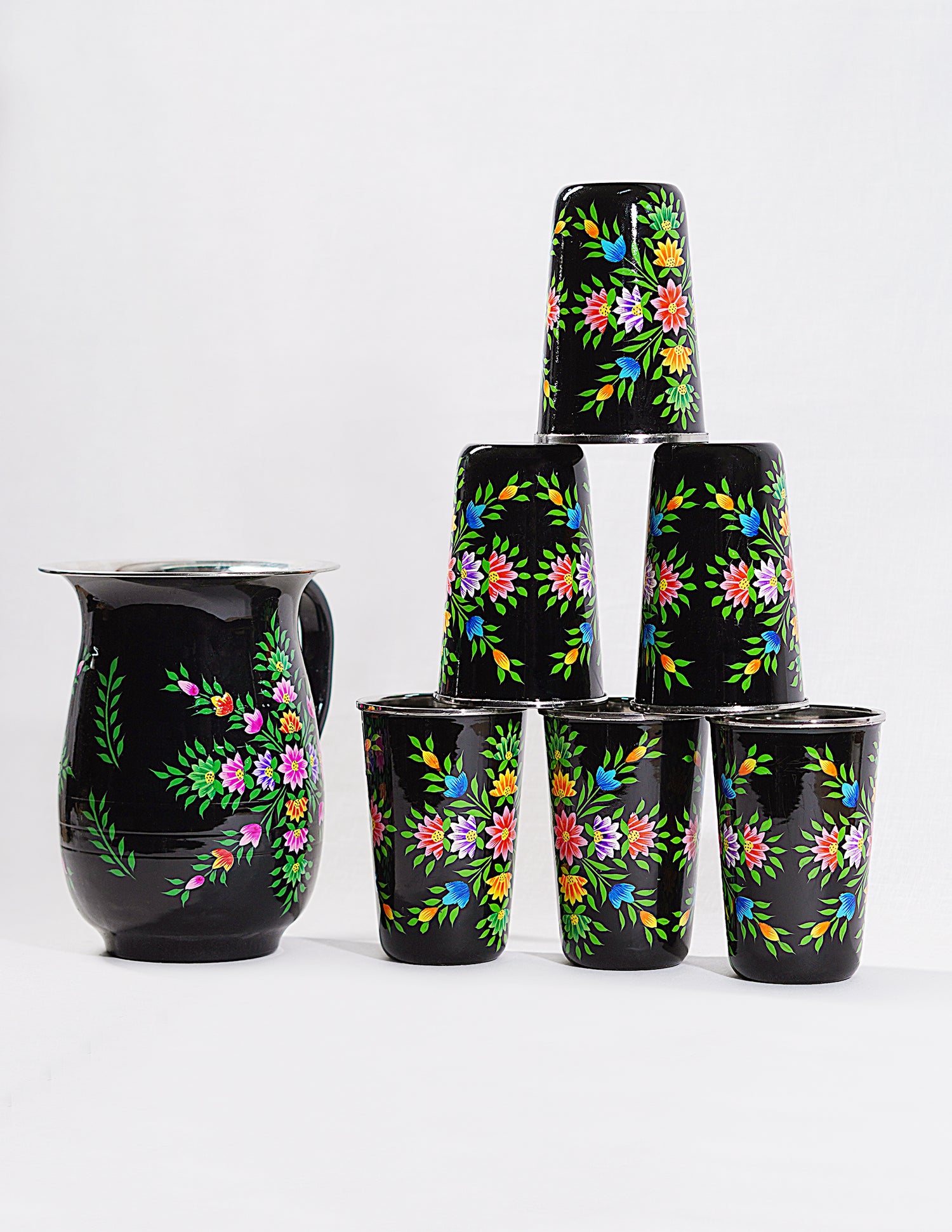 Handmade Kashmir Papier-Mâché Jug Set — Hand-Painted Design | Jug Ø 14 cm × 18 cm | Glass Ø 8 cm × 12 cm