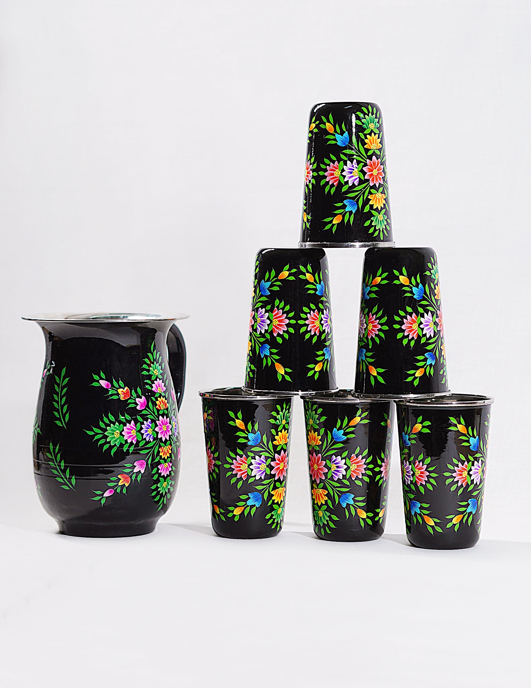 Handmade Kashmir Papier-Mâché Jug Set — Hand-Painted Design | Jug Ø 14 cm × 18 cm | Glass Ø 8 cm × 12 cm