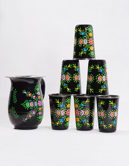 Handmade Kashmir Papier-Mâché Jug Set — Hand-Painted Design | Jug Ø 14 cm × 18 cm | Glass Ø 8 cm × 12 cm