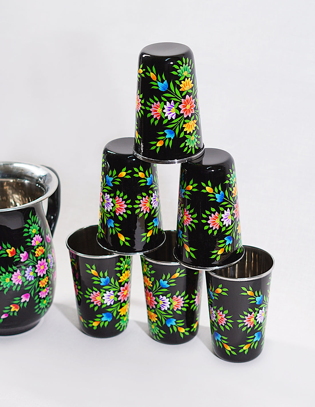 Papier-Mâché Jug Set — Hand-Painted Design | Jug Ø 14 cm × 18 cm | Glass Ø 8 cm × 12 cm