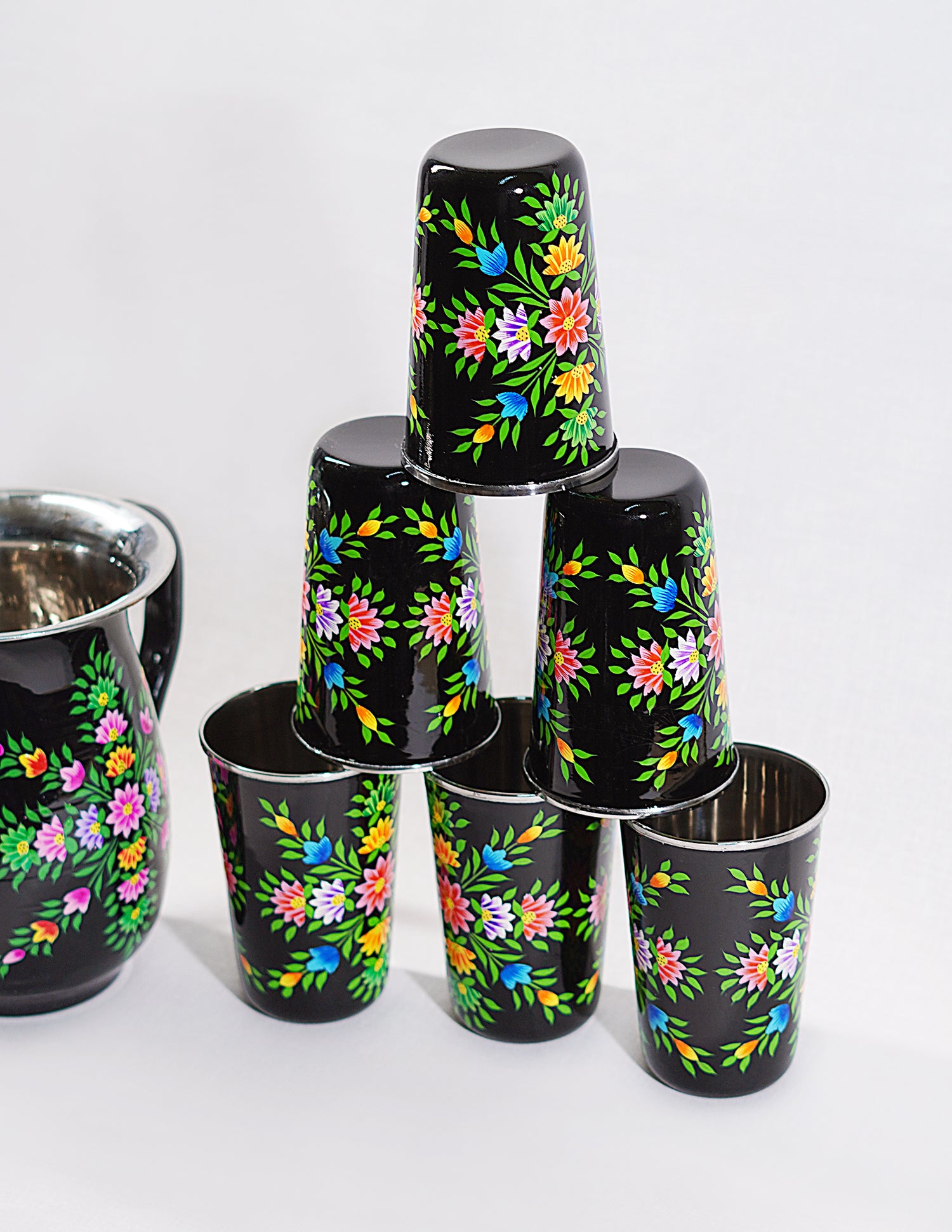 Handmade Kashmir Papier-Mâché Jug Set — Hand-Painted Design | Jug Ø 14 cm × 18 cm | Glass Ø 8 cm × 12 cm