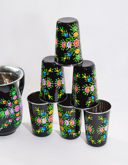 Handmade Kashmir Papier-Mâché Jug Set — Hand-Painted Design | Jug Ø 14 cm × 18 cm | Glass Ø 8 cm × 12 cm