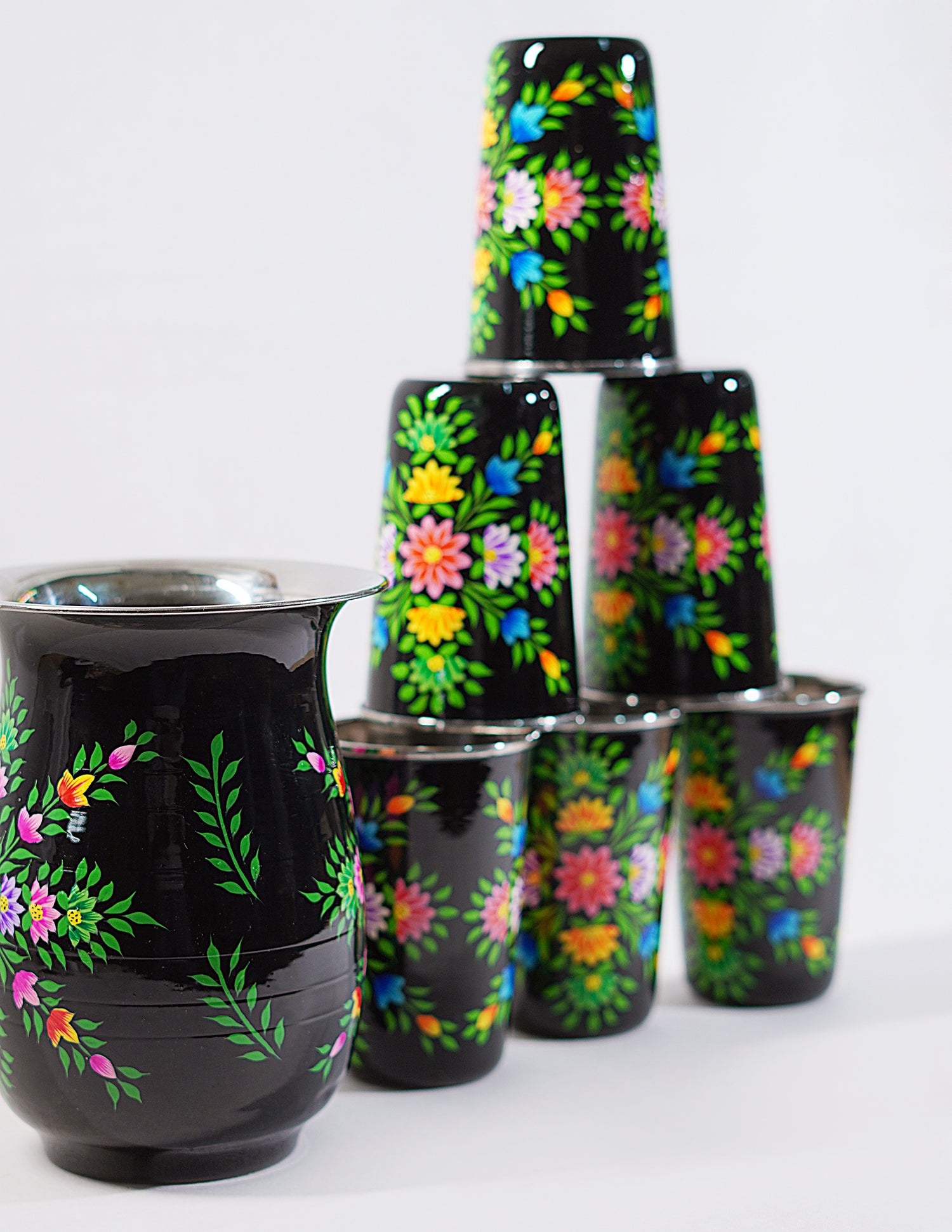 Handmade Kashmir Papier-Mâché Jug Set — Hand-Painted Design | Jug Ø 14 cm × 18 cm | Glass Ø 8 cm × 12 cm