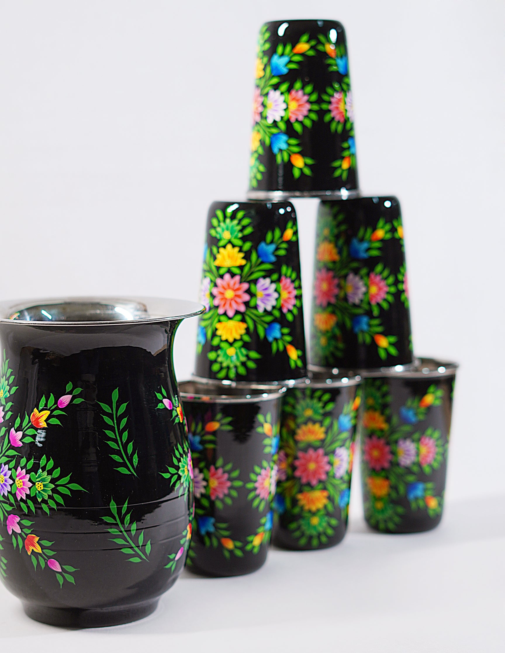 Handmade Kashmir Papier-Mâché Jug Set — Hand-Painted Design | Jug Ø 14 cm × 18 cm | Glass Ø 8 cm × 12 cm