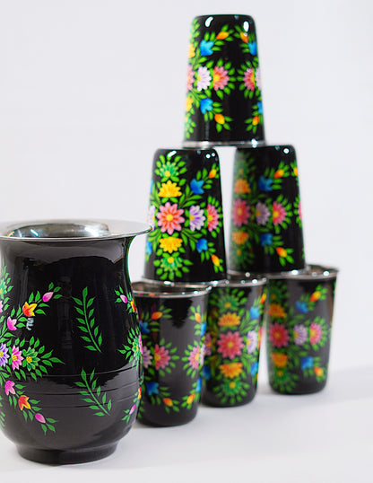 Handmade Kashmir Papier-Mâché Jug Set — Hand-Painted Design | Jug Ø 14 cm × 18 cm | Glass Ø 8 cm × 12 cm