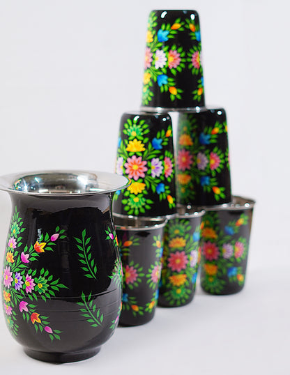 Handmade Kashmir Papier-Mâché Jug Set — Hand-Painted Design | Jug Ø 14 cm × 18 cm | Glass Ø 8 cm × 12 cm