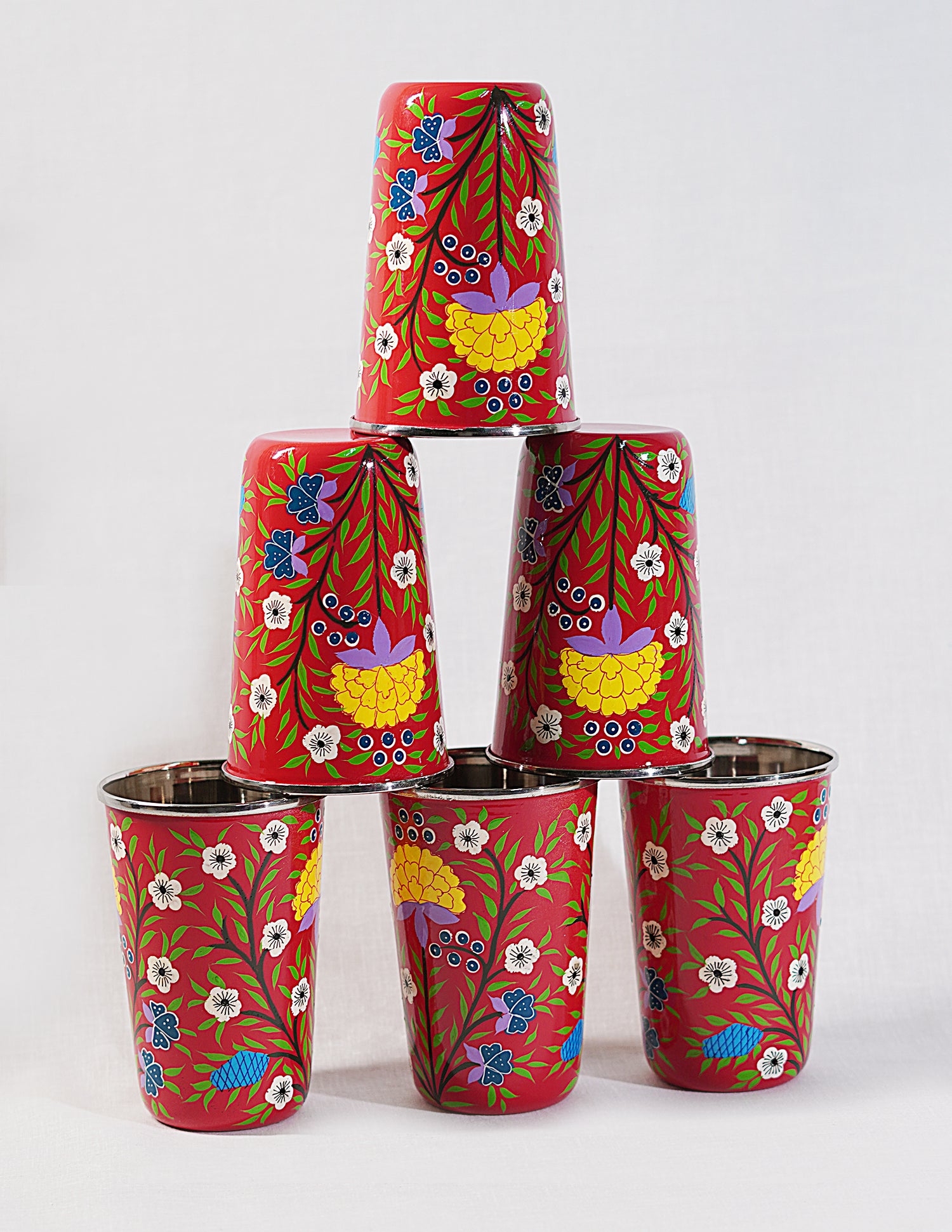 Handmade Kashmir Papier-Mâché Glass Set (Set of 6) — Hand-Painted Design | Ø 8 cm × 12 cm (H)