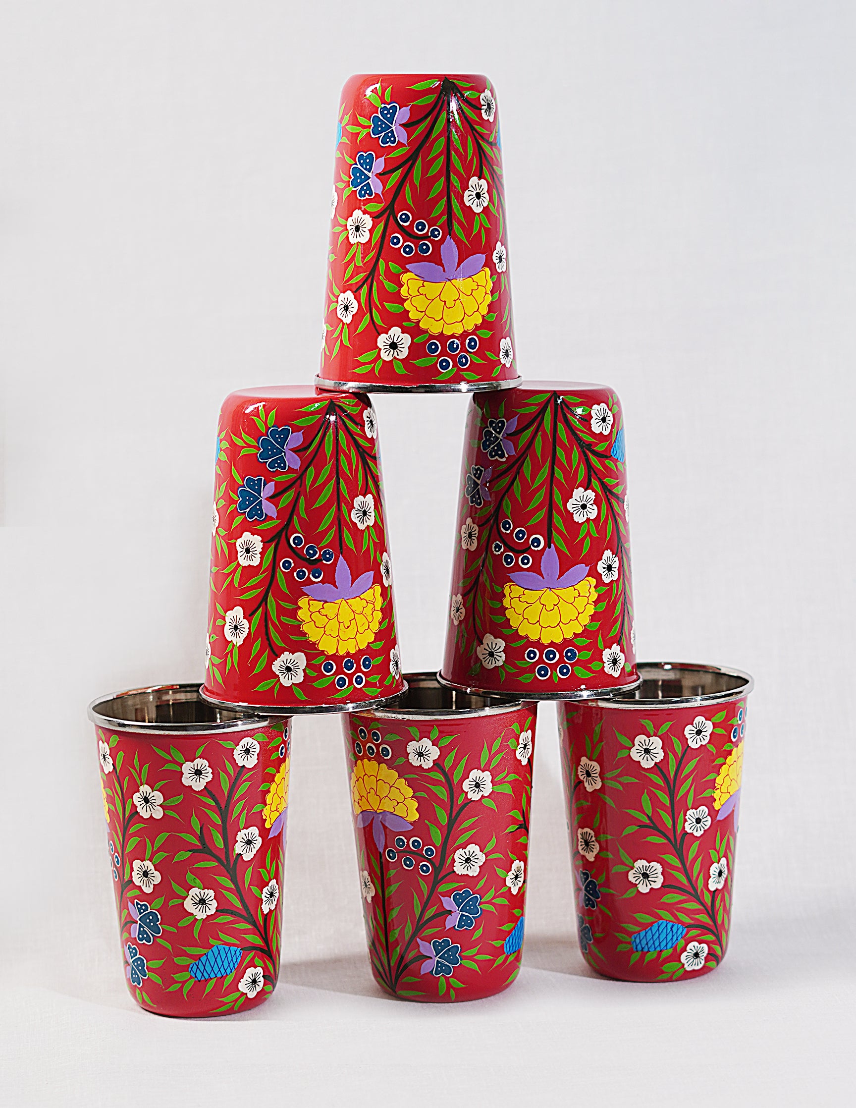 Handmade Kashmir Papier-Mâché Glass Set (Set of 6) — Hand-Painted Design | Ø 8 cm × 12 cm (H)