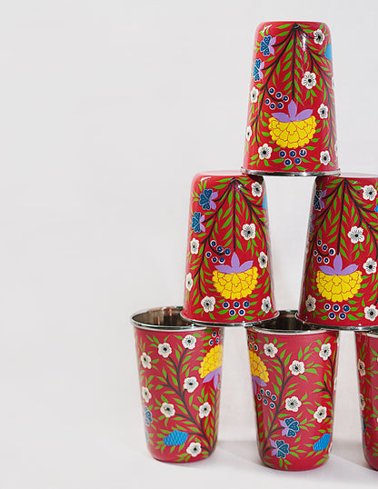 Handmade Kashmir Papier-Mâché Glass Set (Set of 6) — Hand-Painted Design | Ø 8 cm × 12 cm (H)