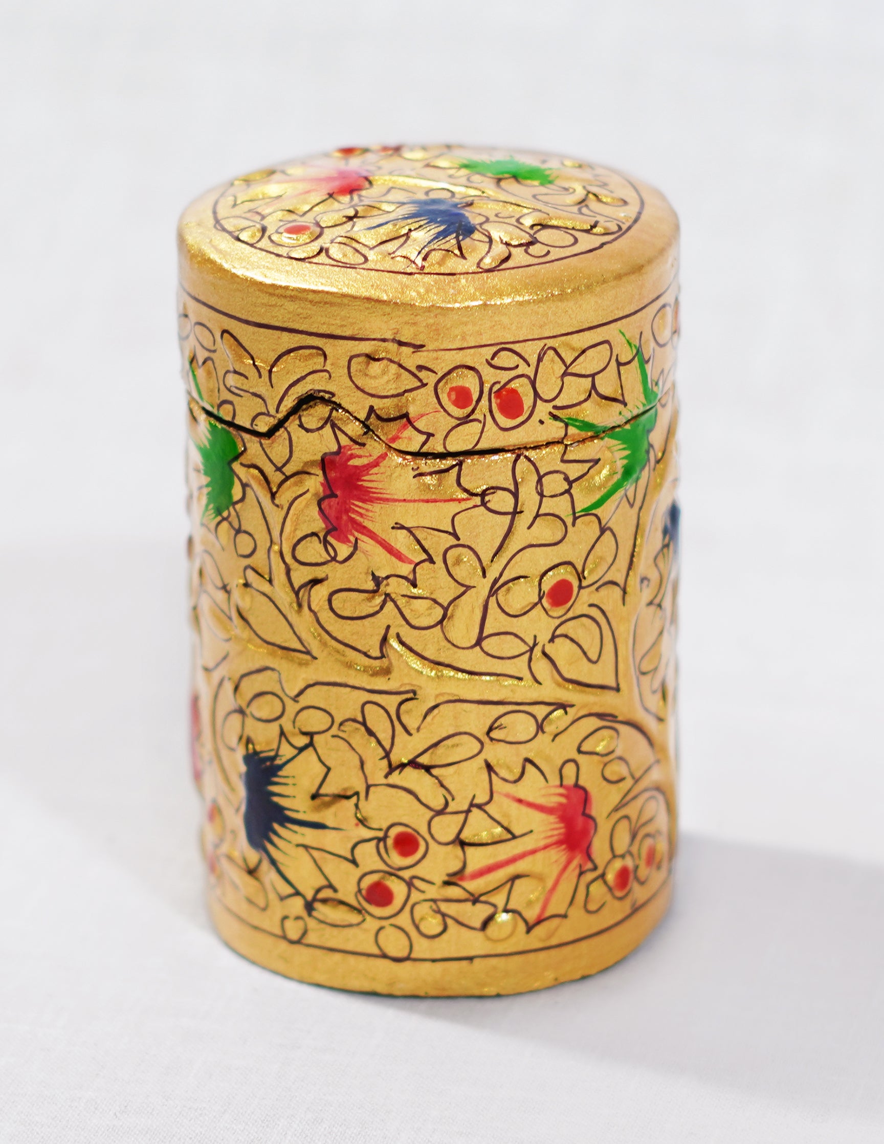 Handmade Kashmir Papier-Mâché Toothpick Holder — Hand-Painted Design | Ø 4 cm × 7 cm (H)