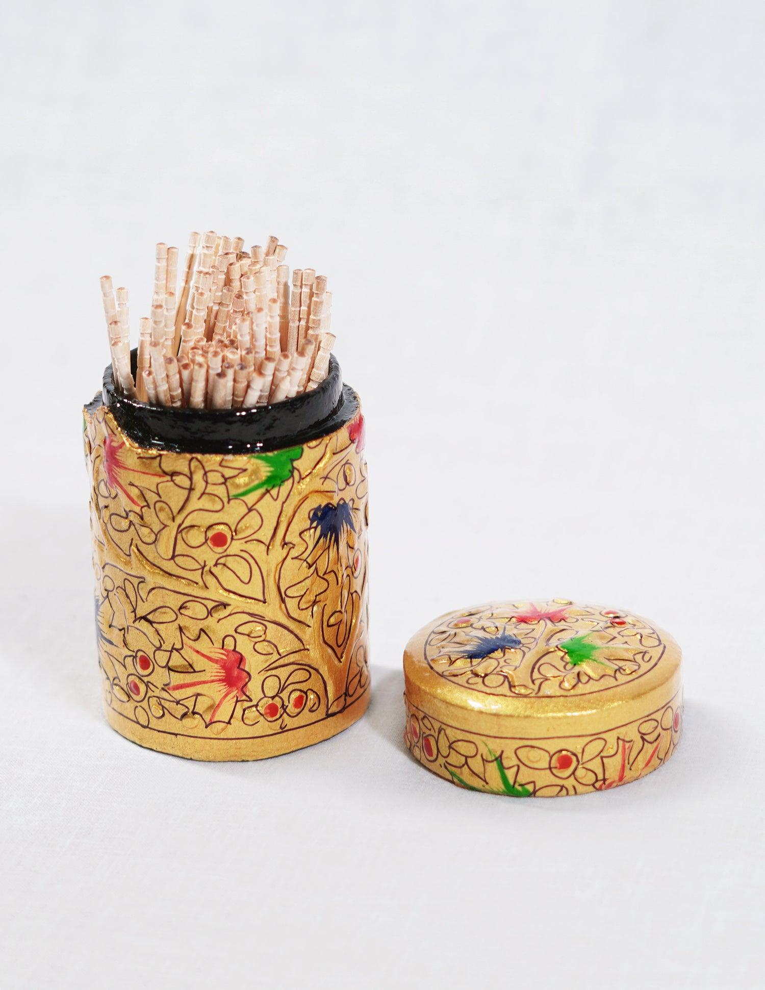 Handmade Kashmir Papier-Mâché Toothpick Holder — Hand-Painted Design | Ø 4 cm × 7 cm (H)