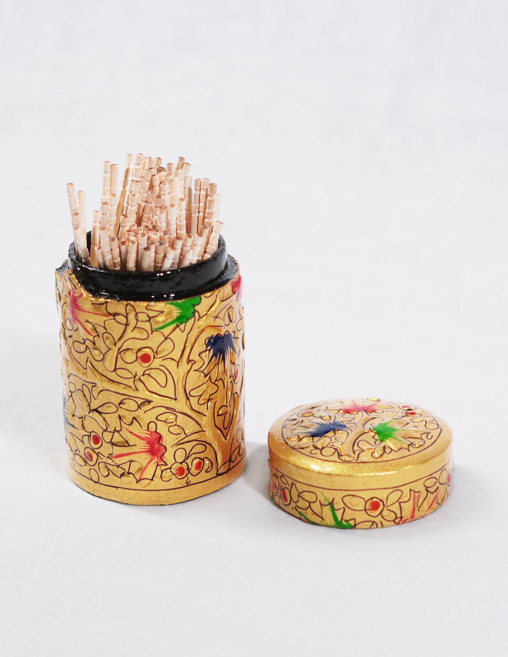 Handmade Kashmir Papier-Mâché Toothpick Holder — Hand-Painted Design | Ø 4 cm × 7 cm (H)
