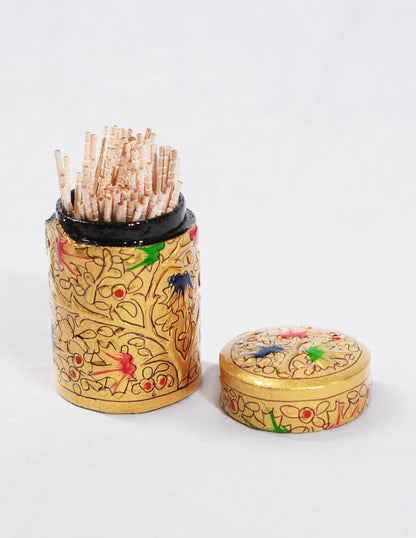 Handmade Kashmir Papier-Mâché Toothpick Holder — Hand-Painted Design | Ø 4 cm × 7 cm (H)