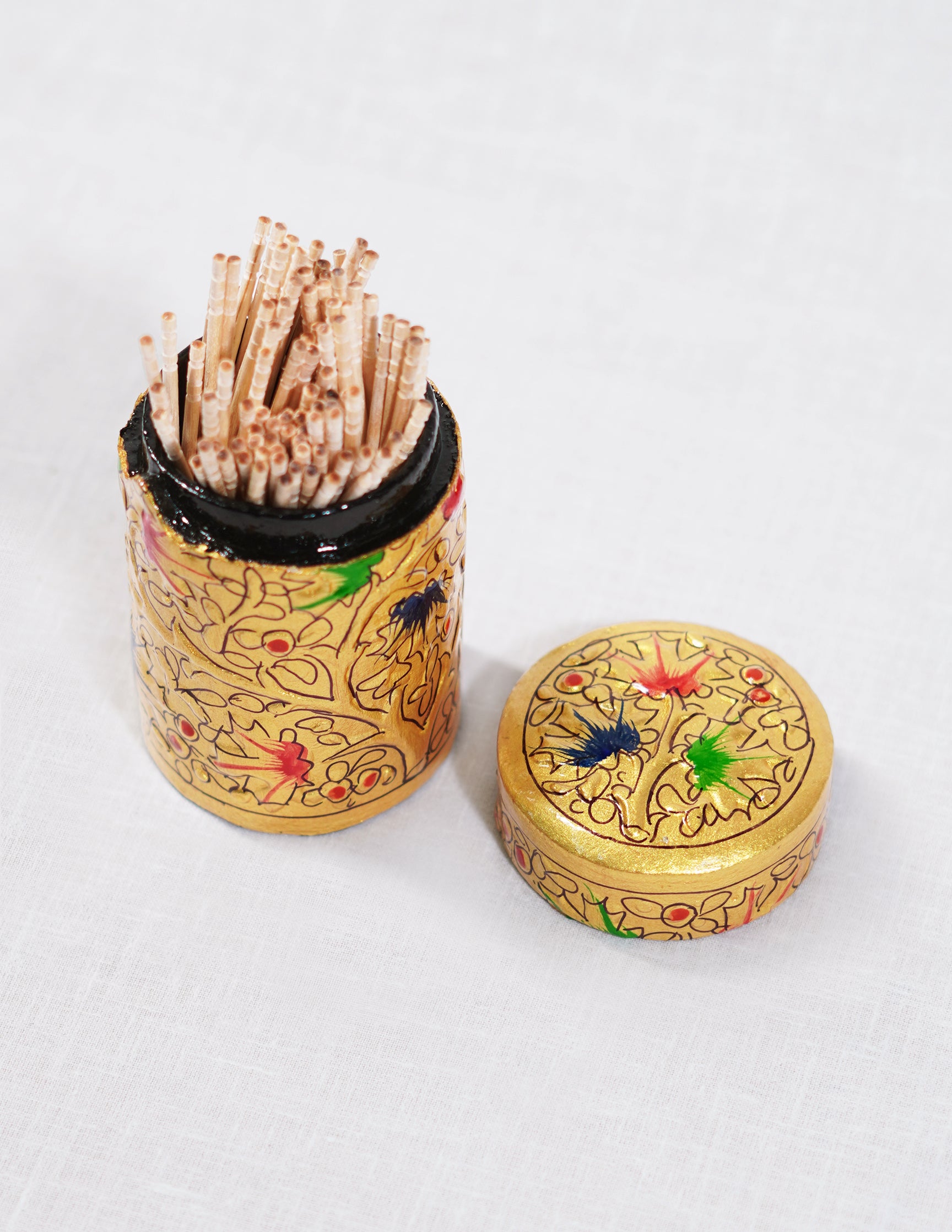 Handmade Kashmir Papier-Mâché Toothpick Holder — Hand-Painted Design | Ø 4 cm × 7 cm (H)