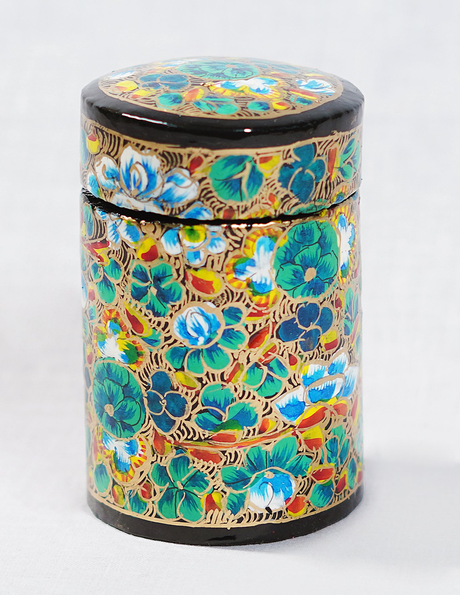 Handmade Kashmir Papier-Mâché Toothpick Holder — Hand-Painted Design | Ø 4 cm × 7 cm (H)