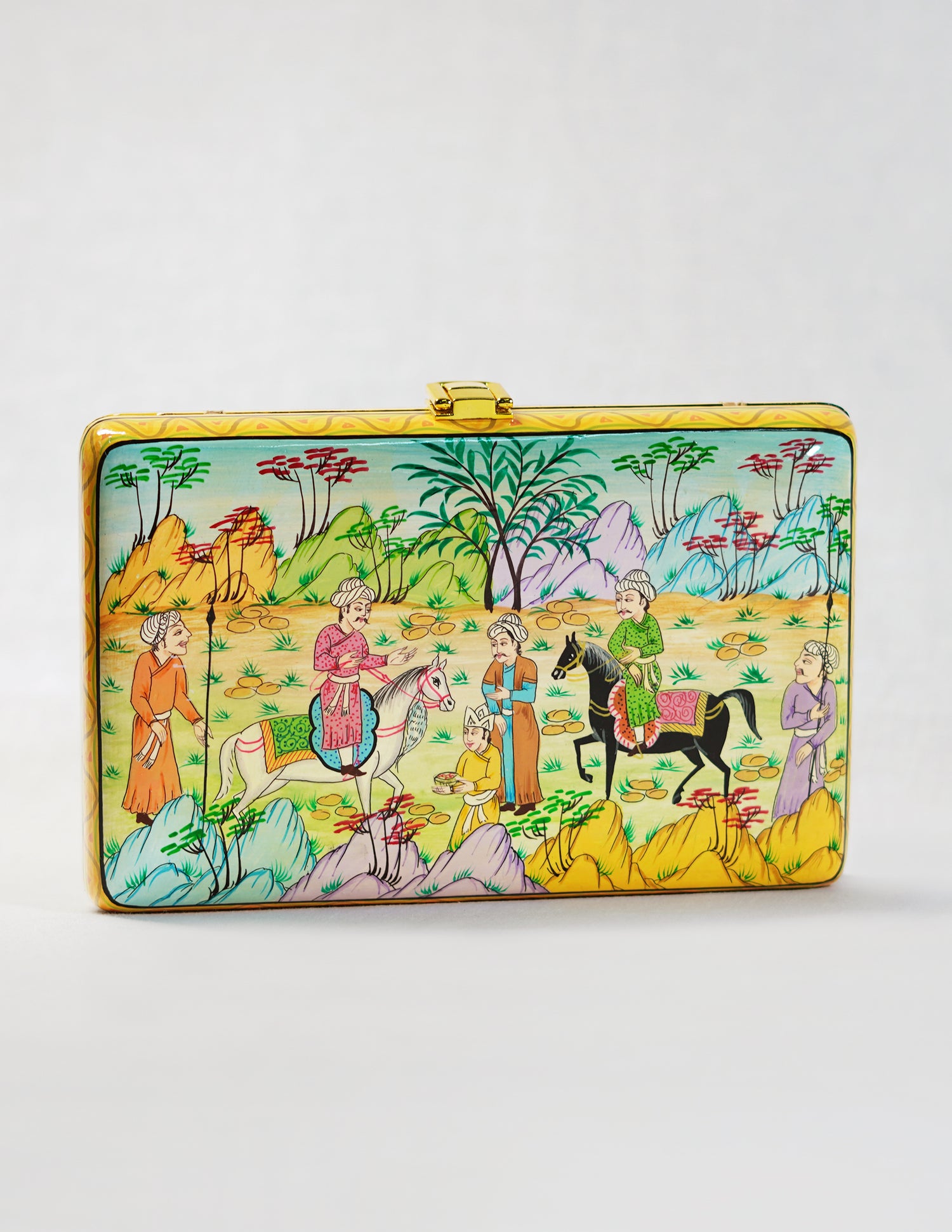 Handmade Kashmir Papier-Mâché Rectangular Clutch — Hand-Painted Design | 12.5 cm (L) × 20 cm (B) × 3.5 cm (H)