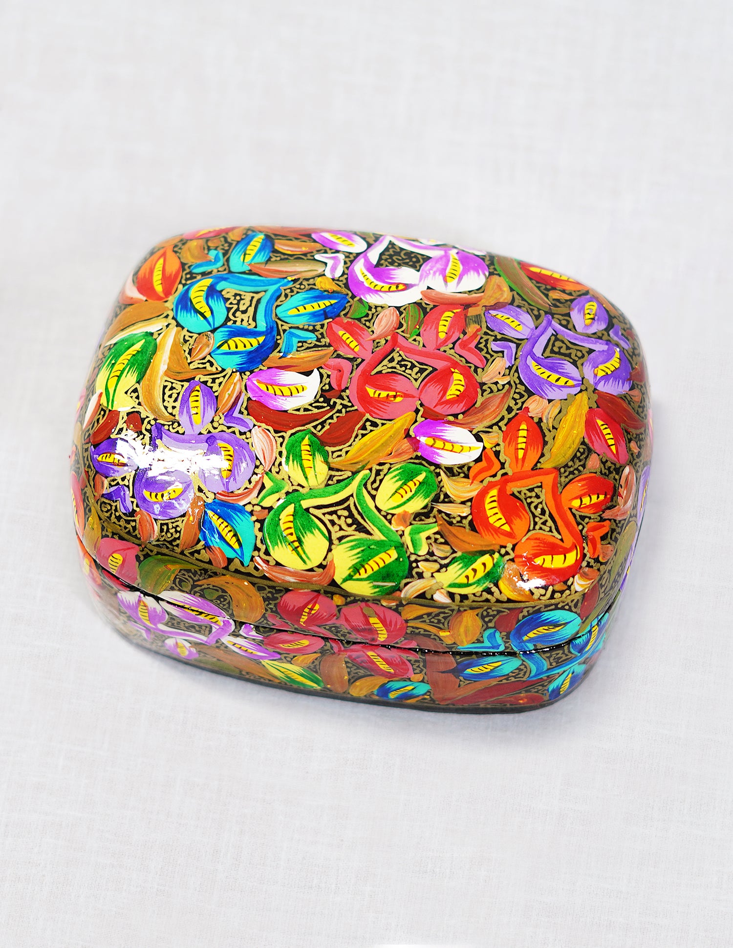 Handmade Kashmir Papier-Mâché Trinket Box — Hand-Painted Design | 9.25 cm (L) × 12 cm (B) × 5.5 cm (H)