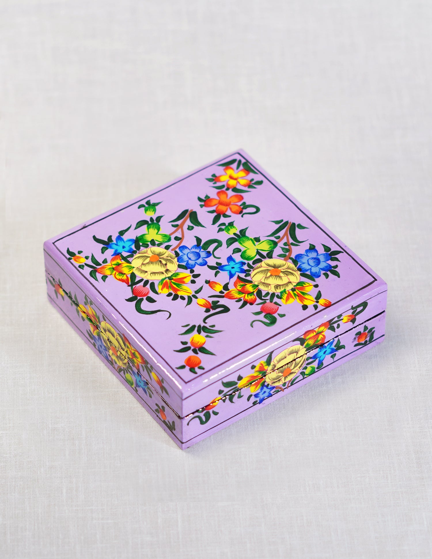 Handmade Kashmir Papier-Mâché Coaster Set — Hand-Painted Design | 11 cm (L) × 11 cm (B) × 3.5 cm (H)