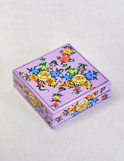 Handmade Kashmir Papier-Mâché Coaster Set — Hand-Painted Design | 11 cm (L) × 11 cm (B) × 3.5 cm (H)