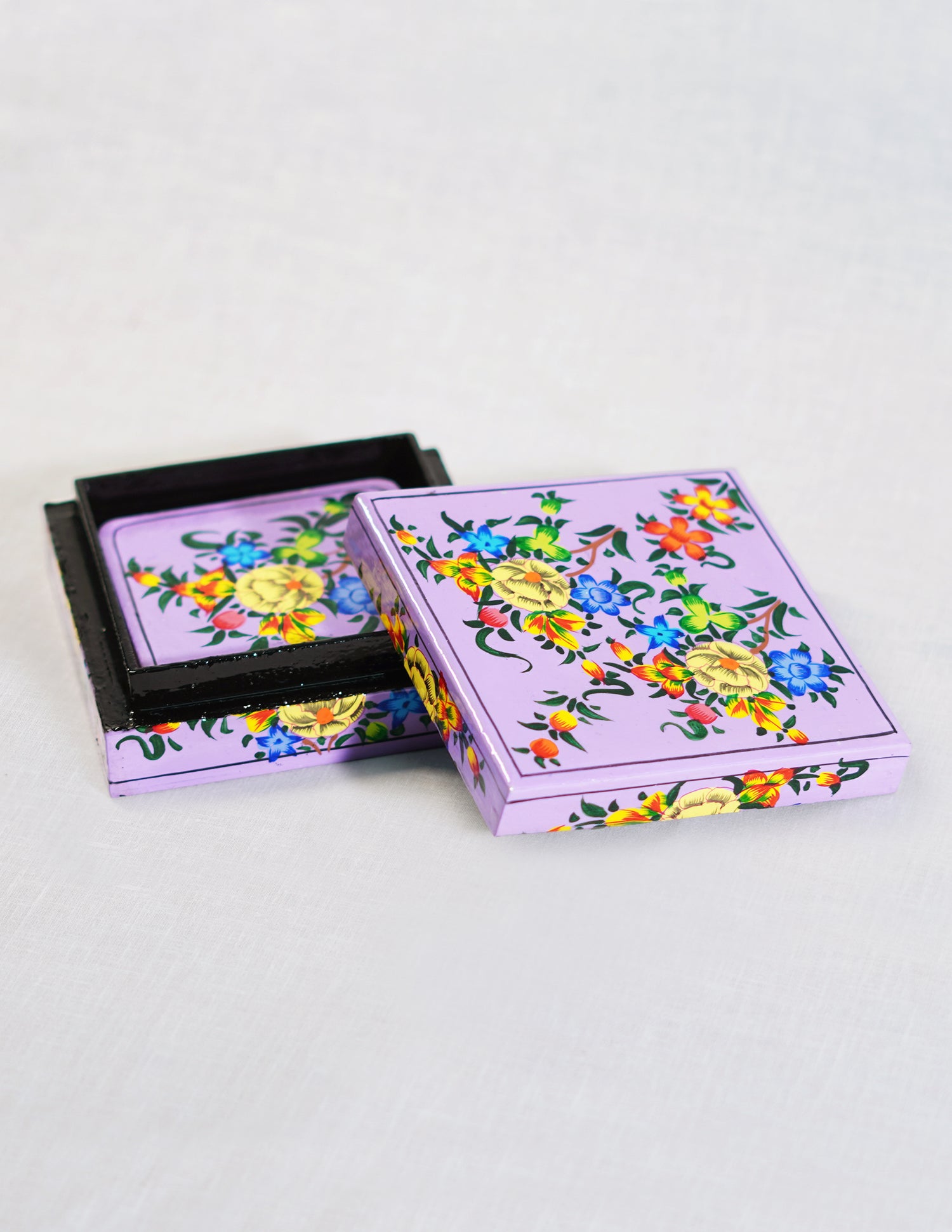 Handmade Kashmir Papier-Mâché Coaster Set — Hand-Painted Design | 11 cm (L) × 11 cm (B) × 3.5 cm (H)