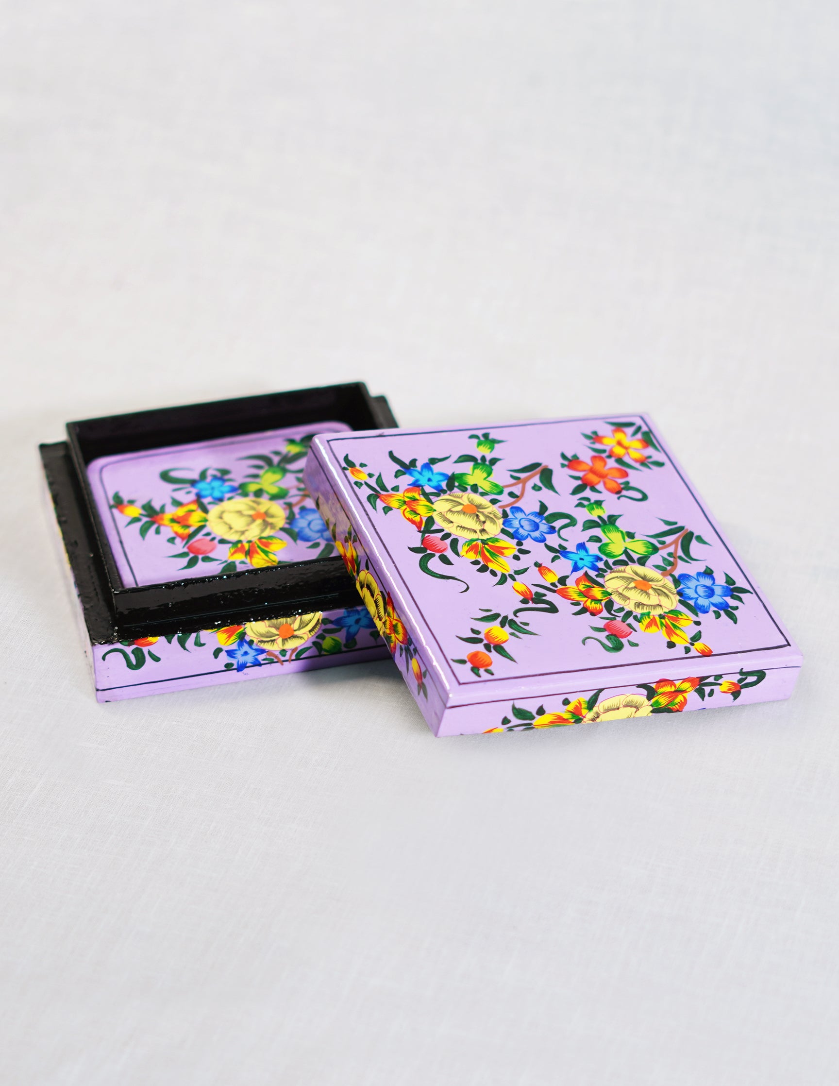 Handmade Kashmir Papier-Mâché Coaster Set — Hand-Painted Design | 11 cm (L) × 11 cm (B) × 3.5 cm (H)