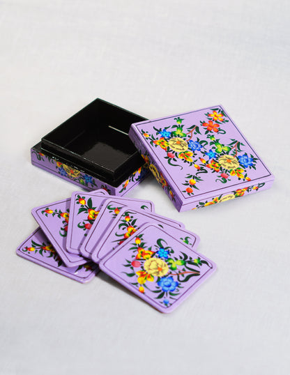 Handmade Kashmir Papier-Mâché Coaster Set — Hand-Painted Design | 11 cm (L) × 11 cm (B) × 3.5 cm (H)