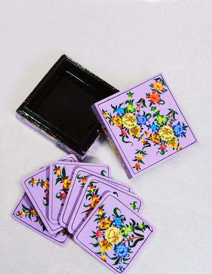 Handmade Kashmir Papier-Mâché Coaster Set — Hand-Painted Design | 11 cm (L) × 11 cm (B) × 3.5 cm (H)