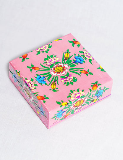 Handmade Kashmir Papier-Mâché Coaster Set — Hand-Painted Design | 11 cm (L) × 11 cm (B) × 3.5 cm (H)