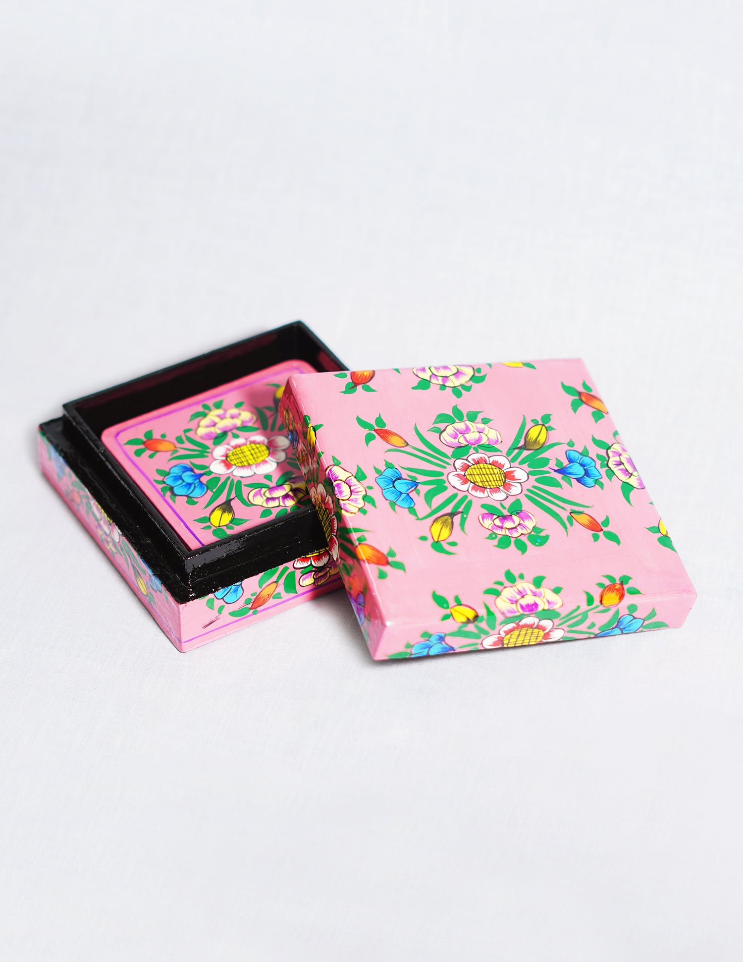 Handmade Kashmir Papier-Mâché Coaster Set — Hand-Painted Design | 11 cm (L) × 11 cm (B) × 3.5 cm (H)