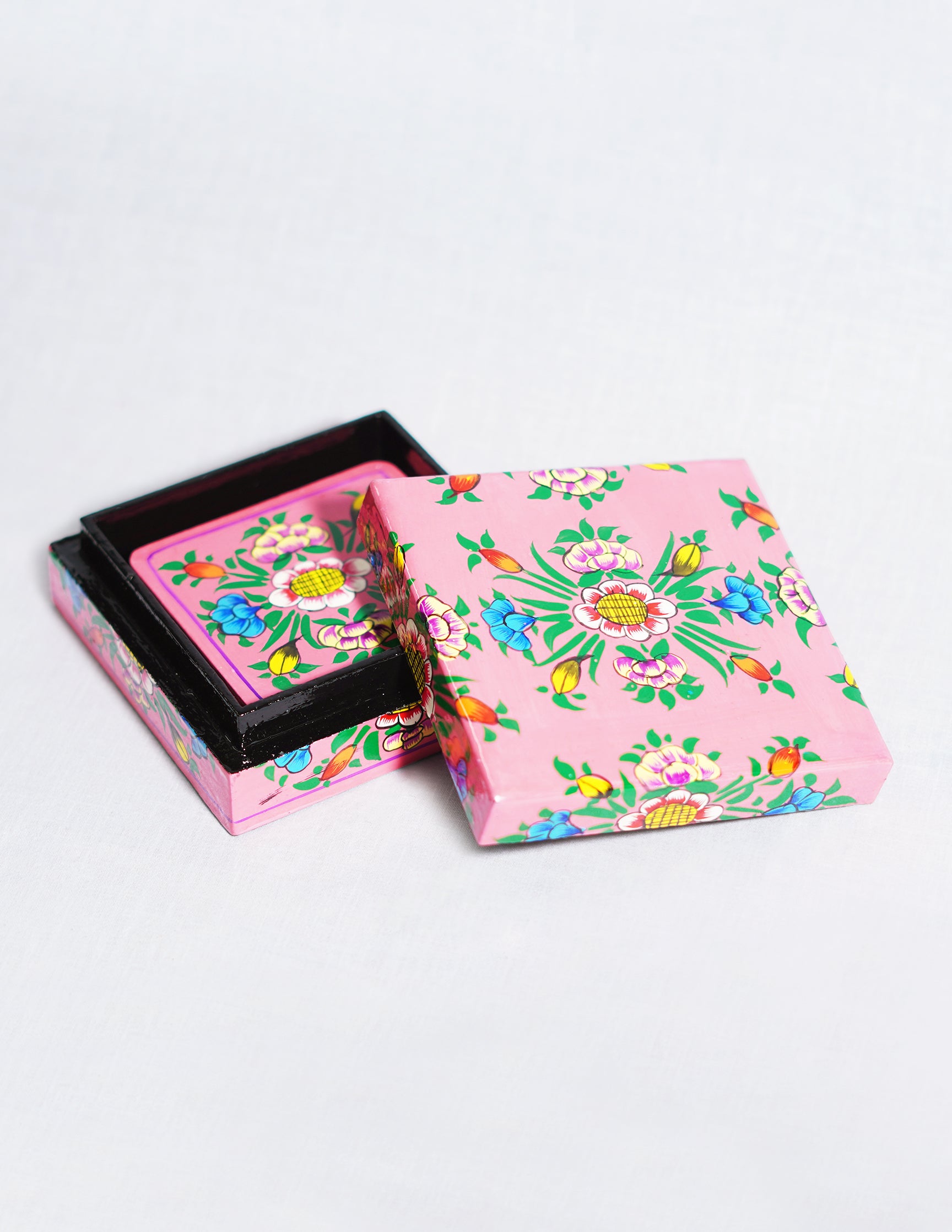 Handmade Kashmir Papier-Mâché Coaster Set — Hand-Painted Design | 11 cm (L) × 11 cm (B) × 3.5 cm (H)