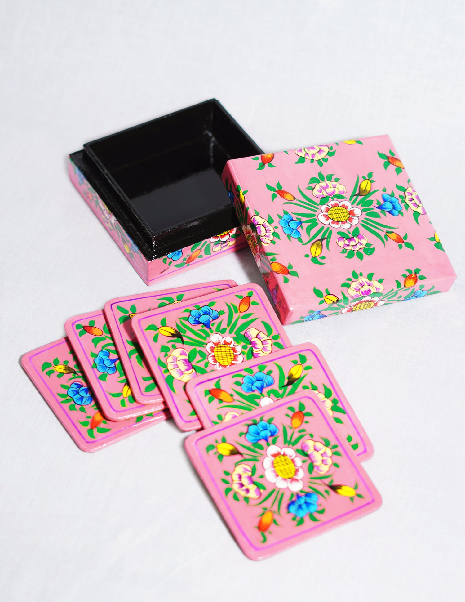 Handmade Kashmir Papier-Mâché Coaster Set — Hand-Painted Design | 11 cm (L) × 11 cm (B) × 3.5 cm (H)