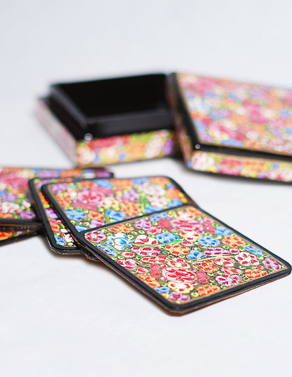 Handmade Kashmir Papier-Mâché Coaster Set — Hand-Painted Design | 11 cm (L) × 11 cm (B) × 3.5 cm (H)