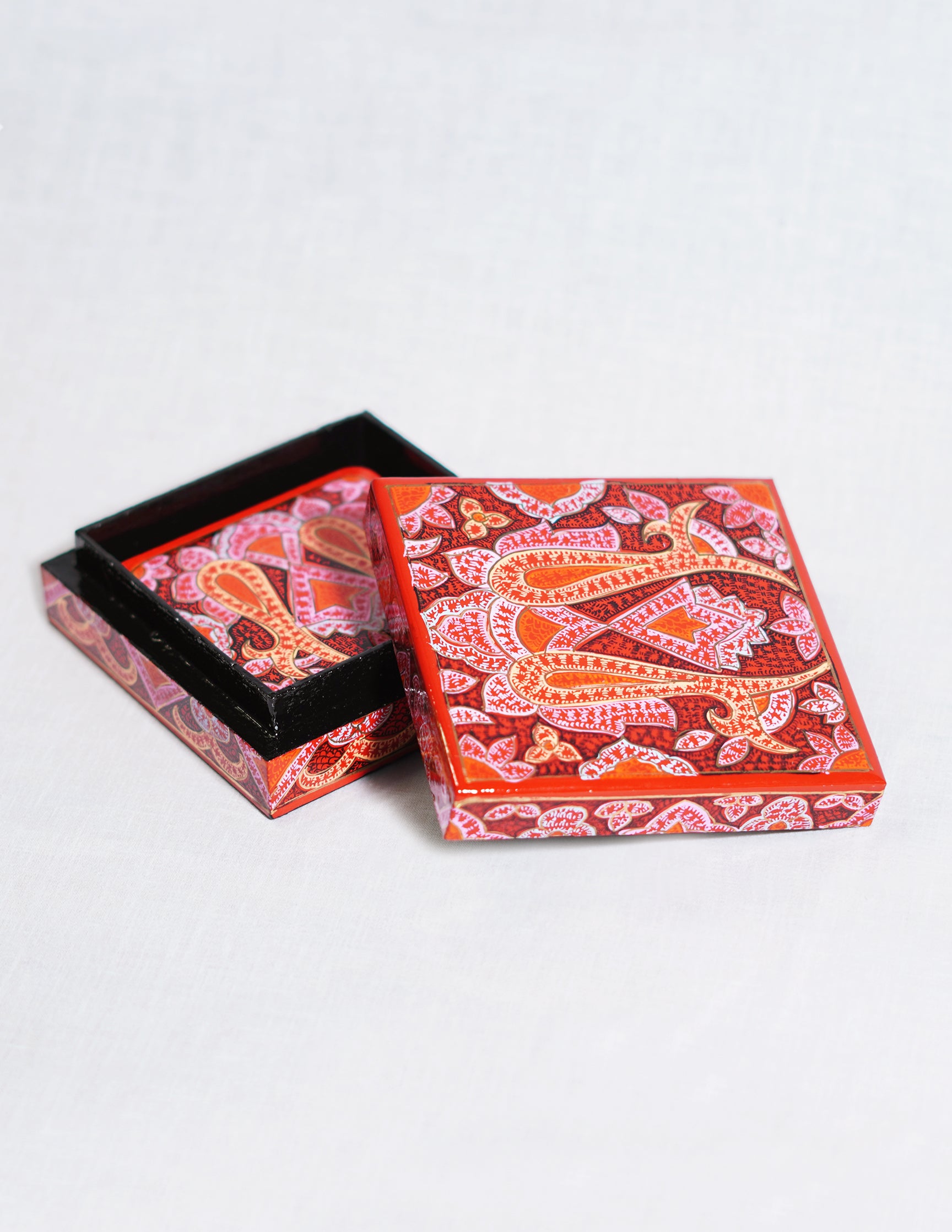 Handmade Kashmir Papier-Mâché Coaster Set — Hand-Painted Design | 11 cm (L) × 11 cm (B) × 3.5 cm (H)