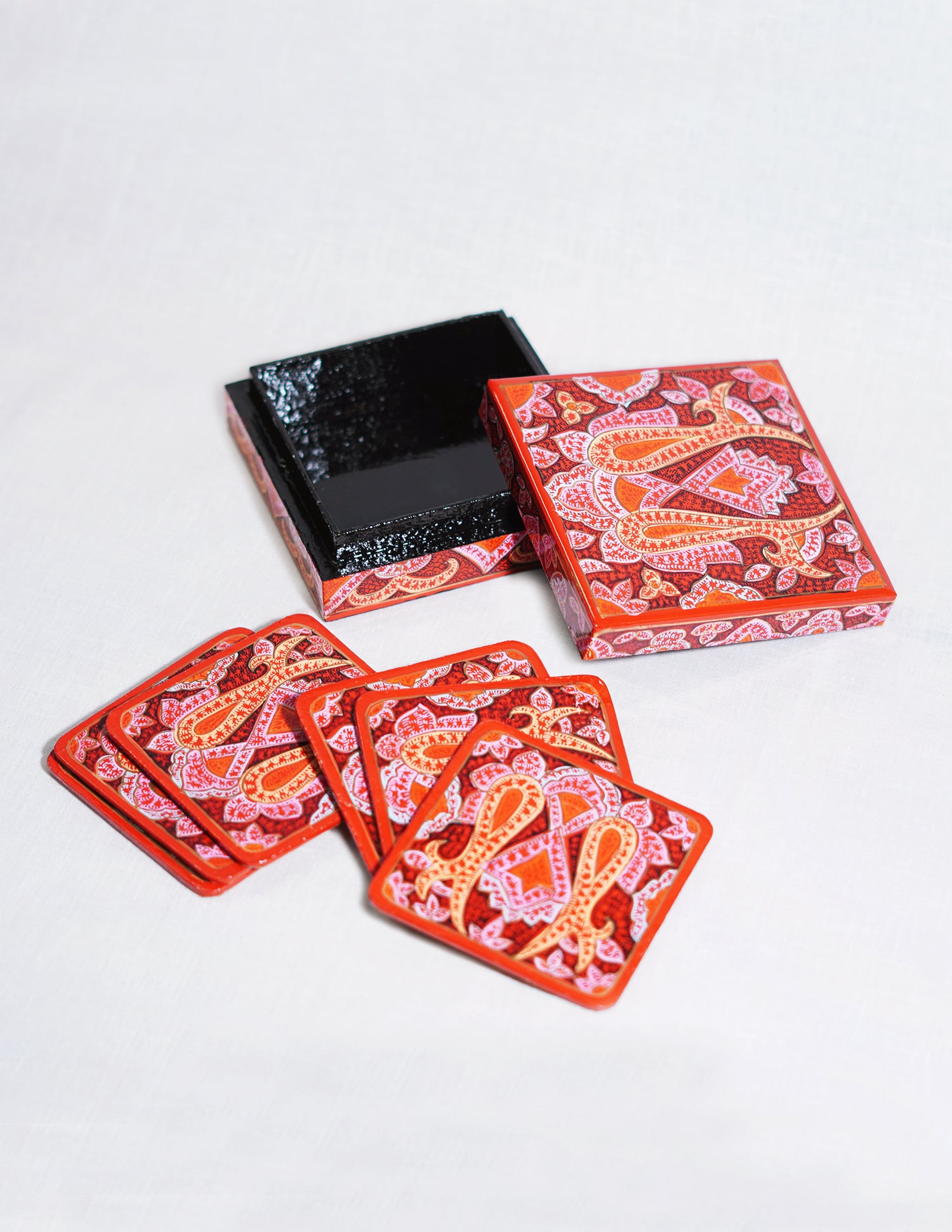 Handmade Kashmir Papier-Mâché Coaster Set — Hand-Painted Design | 11 cm (L) × 11 cm (B) × 3.5 cm (H)
