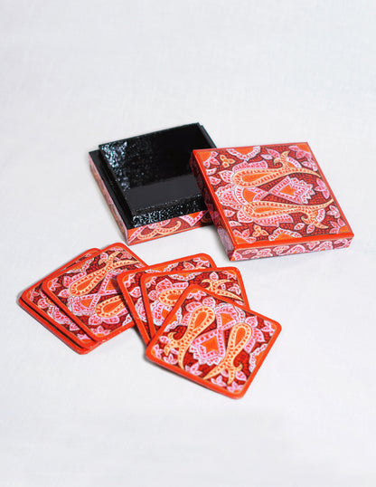 Handmade Kashmir Papier-Mâché Coaster Set — Hand-Painted Design | 11 cm (L) × 11 cm (B) × 3.5 cm (H)