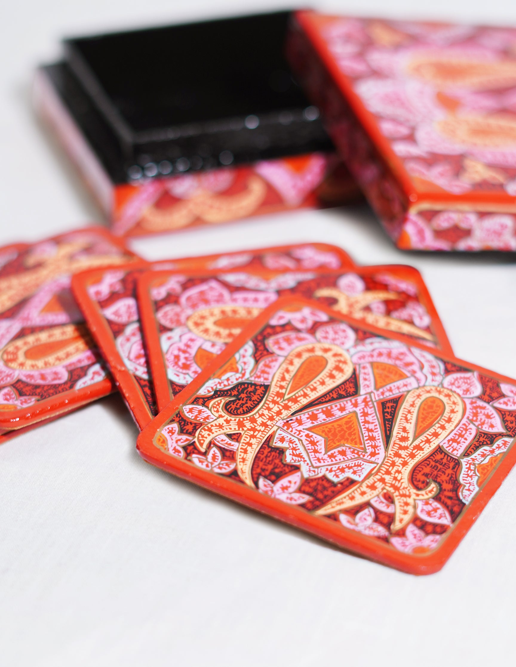 Handmade Kashmir Papier-Mâché Coaster Set — Hand-Painted Design | 11 cm (L) × 11 cm (B) × 3.5 cm (H)