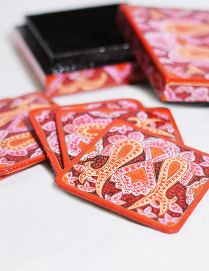 Handmade Kashmir Papier-Mâché Coaster Set — Hand-Painted Design | 11 cm (L) × 11 cm (B) × 3.5 cm (H)