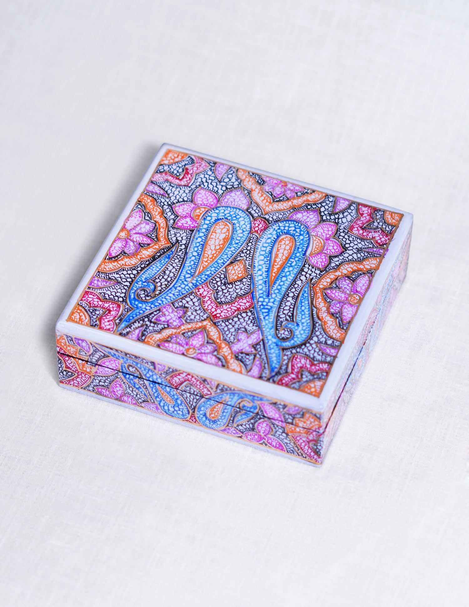 Handmade Kashmir Papier-Mâché Coaster Set — Hand-Painted Design | 11 cm (L) × 11 cm (B) × 3.5 cm (H)