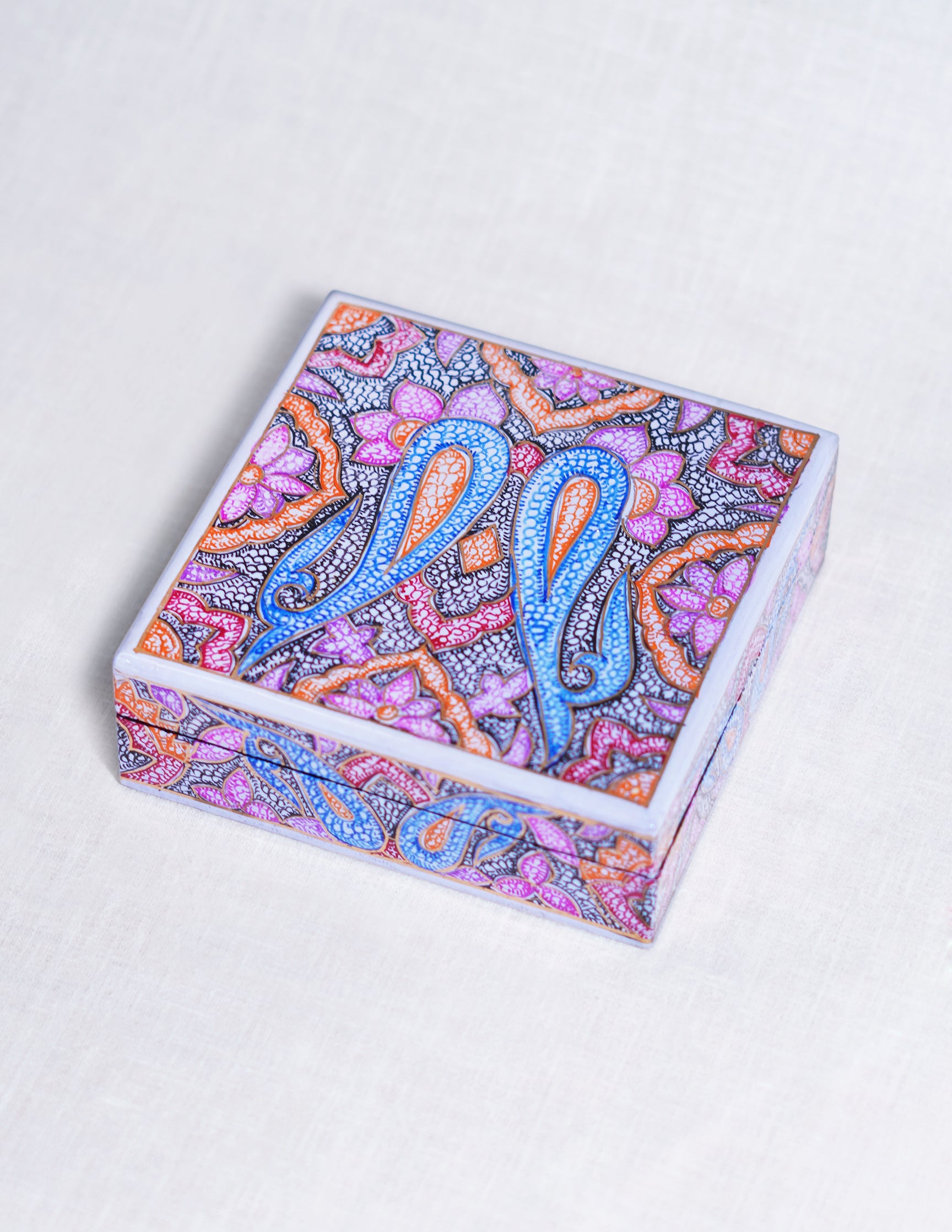 Handmade Kashmir Papier-Mâché Coaster Set — Hand-Painted Design | 11 cm (L) × 11 cm (B) × 3.5 cm (H)